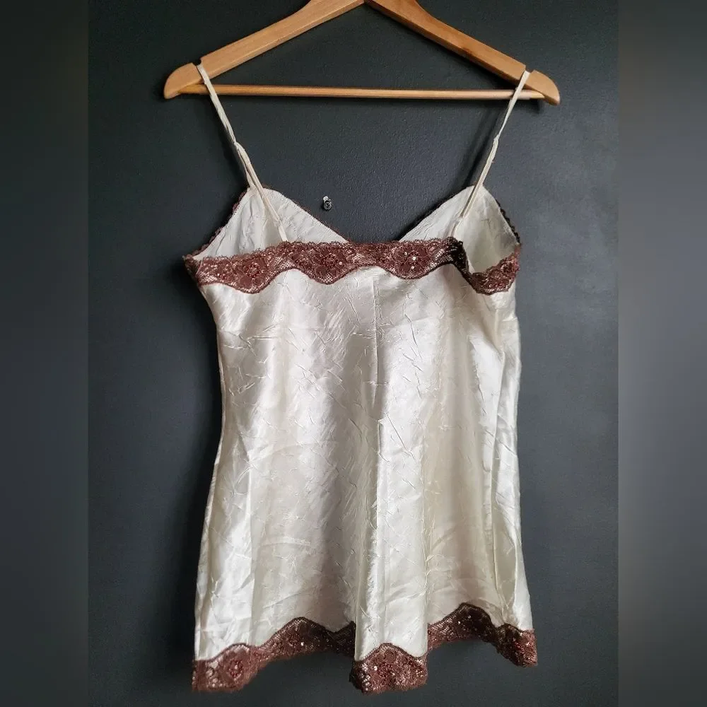 Y2k Babydoll Lace Trim Tank Cami Polyester Cream Sz L No boundaries